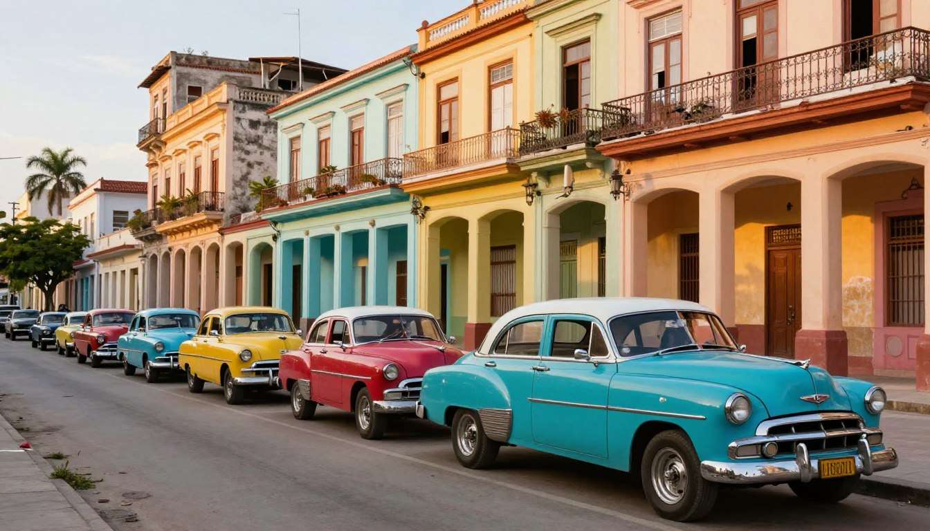Colorful vintage Cuban street scene with classic cars and colonial architecture perfect for Cuba puns