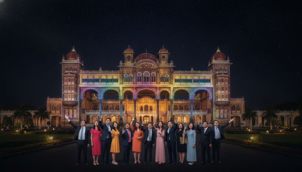 Mysore Palace illuminated at night, showcasing advanced micro-photonic lighting technology. In the foreground, intricate details of the palace’s ornate architecture are highlighted, reflecting the vibrant colors of 97,000 bulbs, casting a warm glow. The middle layer features visitors appreciating the spectacle, dressed in professional business attire, pointing towards the luminous displays. The background reveals a starry night sky, enhancing the enchanting atmosphere. The lighting effects create a magical ambiance, accentuating the palace’s grandeur, while modern energy-efficient technology seamlessly integrates with its historic elegance. Capture the scene with a wide-angle lens, emphasizing the palace’s expanse, and ensure a soft focus on the surrounding gardens, subtly illuminated to complement the brilliance of the structure. Mysore Palace illuminated at night, showcasing advanced micro-photonic lighting technology. In the foreground, intricate details of the palace’s ornate architecture are highlighted, reflecting the vibrant colors of 97,000 bulbs, casting a warm glow. The middle layer features visitors appreciating the spectacle, dressed in professional business attire, pointing towards the luminous displays. The background reveals a starry night sky, enhancing the enchanting atmosphere. The lighting effects create a magical ambiance, accentuating the palace’s grandeur, while modern energy-efficient technology seamlessly integrates with its historic elegance. Capture the scene with a wide-angle lens, emphasizing the palace’s expanse, and ensure a soft focus on the surrounding gardens, subtly illuminated to complement the brilliance of the structure.
