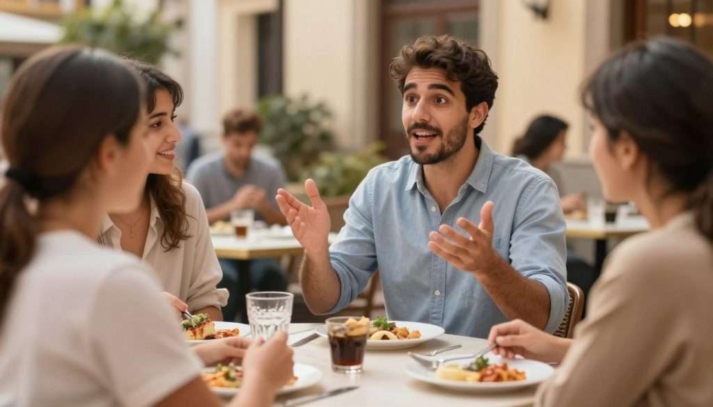 Person telling animated story to friends