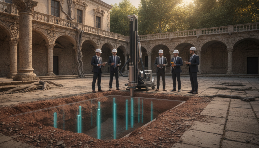 Subsurface hydraulic soil stabilization piers installation beneath a historic palace courtyard. In the foreground, a team of engineers in professional business attire operates specialized machinery, examining the ground with precision tools. The middle ground features intricate, aged stonework of the palace, showcasing the juxtaposition between ancient architecture and modern technology. The background reveals lush greenery surrounding the courtyard, bathed in warm, soft sunlight filtering through trees, creating a serene atmosphere. Include detailed textures of the soil being stabilized, with clear visibility of the piers embedded underground. Capture the scene from a low-angle view to emphasize the pillars and palace structure above, evoking a sense of preservation and innovation. The mood conveys a blend of respect for history and advancement in engineering solutions. Subsurface hydraulic soil stabilization piers installation beneath a historic palace courtyard. In the foreground, a team of engineers in professional business attire operates specialized machinery, examining the ground with precision tools. The middle ground features intricate, aged stonework of the palace, showcasing the juxtaposition between ancient architecture and modern technology. The background reveals lush greenery surrounding the courtyard, bathed in warm, soft sunlight filtering through trees, creating a serene atmosphere. Include detailed textures of the soil being stabilized, with clear visibility of the piers embedded underground. Capture the scene from a low-angle view to emphasize the pillars and palace structure above, evoking a sense of preservation and innovation. The mood conveys a blend of respect for history and advancement in engineering solutions.