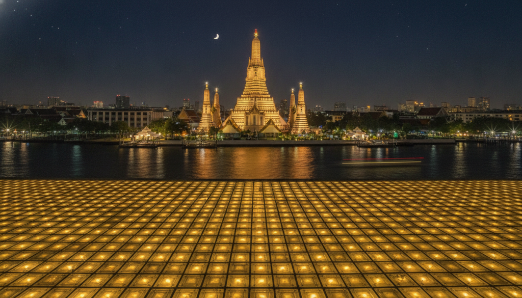 A captivating night scene of Wat Arun, illuminated in golden light as part of a sustainable energy grid in Bangkok. In the foreground, intricately designed porcelain tiles glisten under the soft glow, symbolizing the fusion of tradition and modern technology. The middle ground features Wat Arun’s stunning silhouette, its spires shimmering with warm illumination, reflecting its intricate details against the night sky. In the background, silhouettes of the Bangkok skyline, twinkling stars, and the Chao Phraya River add depth. The scene is bathed in a serene atmosphere, accentuated by gentle lighting and a clear view. Use a wide-angle lens to capture the grandeur and depth, emphasizing the harmony of ancient architecture with an innovative energy solution.