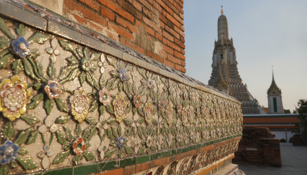 A close-up view of Wat Arun's intricate porcelain mosaics, showcasing the shimmering, colorful tile designs in the foreground. The artwork is protected by a layer of non-invasive, translucent nano-molecular glazes, glistening softly under the warm golden sunlight. Subtle details of the masonry can be seen in the middle ground, accentuating the interaction between the glazes and the tiles, with reflections enhancing the texture. In the background, the iconic silhouette of Wat Arun stands majestically against a clear blue sky. The atmosphere is serene and majestic, emphasizing the preservation of cultural heritage through innovative technology. The lighting is soft and inviting, creating a captivating contrast between the vibrant colors of the mosaics and the protective glazes.