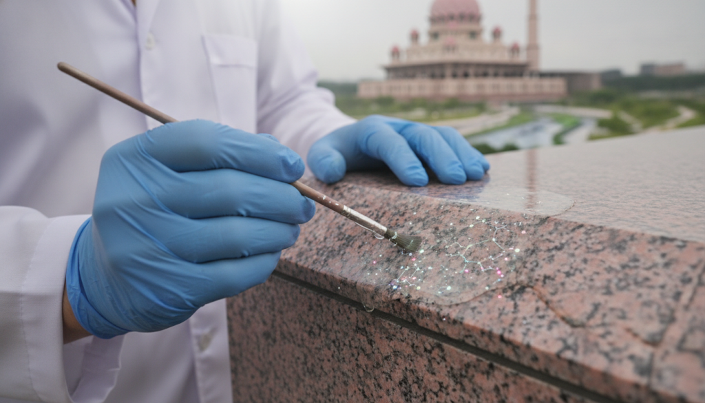 A close-up view of a nanomolecular glaze being applied to a section of rose-granite, showcasing intricate molecular structures glistening in the light. In the foreground, a skilled technician in a lab coat meticulously applies the glaze with a fine brush, reflecting a sense of professionalism and expertise. The middle ground features the textured surface of rose-granite, highlighting its natural hues and veins under soft, diffused lighting that creates an ethereal glow. In the background, a futuristic depiction of Putra Mosque in the distance, framed by a serene landscape, hints at innovative architecture and environmental harmony. The atmosphere is one of scientific advancement merging with cultural preservation, evoking a sense of hope and progress. Use a shallow depth of field to focus on the technician and the glaze application, creating an intimate yet expansive visual narrative. A close-up view of a nanomolecular glaze being applied to a section of rose-granite, showcasing intricate molecular structures glistening in the light. In the foreground, a skilled technician in a lab coat meticulously applies the glaze with a fine brush, reflecting a sense of professionalism and expertise. The middle ground features the textured surface of rose-granite, highlighting its natural hues and veins under soft, diffused lighting that creates an ethereal glow. In the background, a futuristic depiction of Putra Mosque in the distance, framed by a serene landscape, hints at innovative architecture and environmental harmony. The atmosphere is one of scientific advancement merging with cultural preservation, evoking a sense of hope and progress. Use a shallow depth of field to focus on the technician and the glaze application, creating an intimate yet expansive visual narrative.