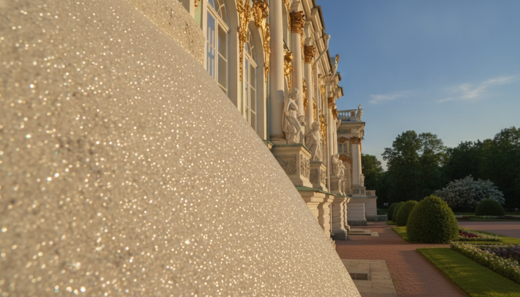 A close-up view of the Catherine Palace's baroque facade showcasing non-invasive mineral masonry glazes, highlighting intricate details and textures of the architecture. In the foreground, the glistening glazes reflect sunlight, emphasizing their nano-molecular structure and interaction with the environment. The middle ground captures elegant gilded accents, with soft shadows adding depth to the ornate carvings and sculptures. The background features a serene garden setting, with lush greenery framing the palace and bright blue skies above. The lighting is warm and inviting, creating a harmonious atmosphere that evokes a sense of historical grandeur and modern innovation. The angle is slightly tilted upward, focusing on the interplay between the glazes and the decorative elements of the facade. A close-up view of the Catherine Palace's baroque facade showcasing non-invasive mineral masonry glazes, highlighting intricate details and textures of the architecture. In the foreground, the glistening glazes reflect sunlight, emphasizing their nano-molecular structure and interaction with the environment. The middle ground captures elegant gilded accents, with soft shadows adding depth to the ornate carvings and sculptures. The background features a serene garden setting, with lush greenery framing the palace and bright blue skies above. The lighting is warm and inviting, creating a harmonious atmosphere that evokes a sense of historical grandeur and modern innovation. The angle is slightly tilted upward, focusing on the interplay between the glazes and the decorative elements of the facade.