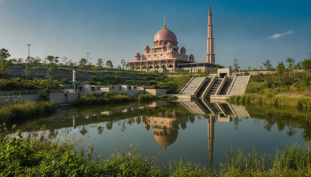 A closed loop reservoir stormwater harvesting system seamlessly integrated into the landscape of Putra Mosque. In the foreground, lush green vegetation surrounds a serene lake, where reflective waters mirror the iconic pink dome of the mosque. In the middle ground, intricate engineering structures and filtration systems are visible, showcasing advanced hydrologic heritage engineering. The background features the mosque's stunning architecture set against a clear blue sky, capturing the essence of sustainability. The scene is illuminated by soft, natural light, creating a tranquil atmosphere emphasizing harmony between nature and technology. Use a wide-angle lens perspective to encompass the full expanse of the reservoir and the mosque, inviting viewers into this innovative eco-friendly design. A closed loop reservoir stormwater harvesting system seamlessly integrated into the landscape of Putra Mosque. In the foreground, lush green vegetation surrounds a serene lake, where reflective waters mirror the iconic pink dome of the mosque. In the middle ground, intricate engineering structures and filtration systems are visible, showcasing advanced hydrologic heritage engineering. The background features the mosque's stunning architecture set against a clear blue sky, capturing the essence of sustainability. The scene is illuminated by soft, natural light, creating a tranquil atmosphere emphasizing harmony between nature and technology. Use a wide-angle lens perspective to encompass the full expanse of the reservoir and the mosque, inviting viewers into this innovative eco-friendly design.