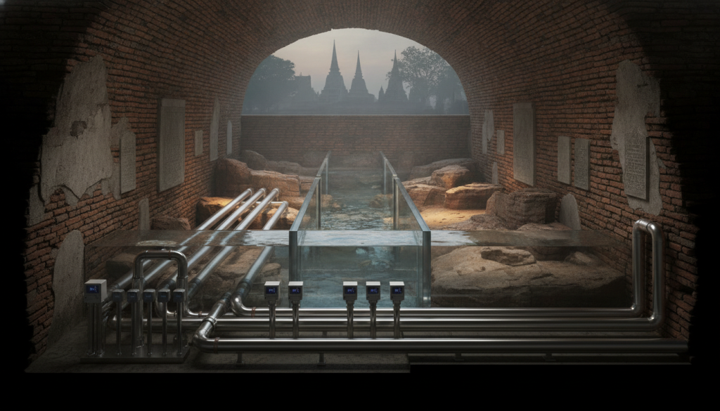A cross-section view of a subsurface hydrologic heritage engineering vault system beneath the streets of Ayutthaya, showcasing intricate canal systems and robust preservation methods. In the foreground, detailed pipes and water gauges designed for flood prevention contrast with the ancient brickwork and historical relics lining the walls. The middle ground features water flow indicators and a network of natural aquifers, illuminated by soft, warm lighting to emphasize the engineering skill and heritage. In the background, faint silhouettes of trees and traditional architecture hint at the historic city above. The overall atmosphere is a blend of modern innovation and historical reverence, captured from a slightly elevated angle, as if peering into a vital underground world dedicated to sustainability and heritage conservation. A cross-section view of a subsurface hydrologic heritage engineering vault system beneath the streets of Ayutthaya, showcasing intricate canal systems and robust preservation methods. In the foreground, detailed pipes and water gauges designed for flood prevention contrast with the ancient brickwork and historical relics lining the walls. The middle ground features water flow indicators and a network of natural aquifers, illuminated by soft, warm lighting to emphasize the engineering skill and heritage. In the background, faint silhouettes of trees and traditional architecture hint at the historic city above. The overall atmosphere is a blend of modern innovation and historical reverence, captured from a slightly elevated angle, as if peering into a vital underground world dedicated to sustainability and heritage conservation.