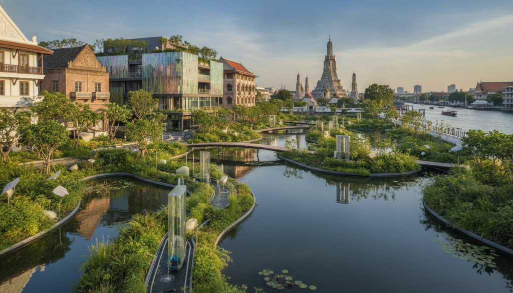 A dynamic scene illustrating a closed loop reservoir for stormwater harvesting in a historic river city, featuring elegant waterways weaving through lush greenery. In the foreground, a serene reservoir with reflective water surrounded by flourishing plants and innovative filtration systems. The middle ground showcases eco-friendly buildings designed with nano-materials, harmonizing with the city's historic architecture, evoking a blend of tradition and modernity. The background displays iconic city landmarks like Wat Arun under a clear blue sky, enhanced by soft, warm sunlight illuminating the scene. Capture the mood of sustainability and heritage preservation with a focus on innovation in urban planning. Use a wide-angle lens to emphasize depth and connection between nature and urban settings.