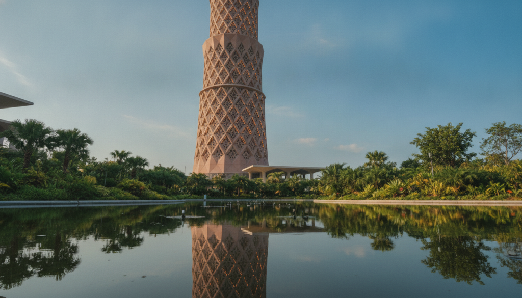 A futuristic interpretation of the 116-meter minaret of Putra Mosque, showcasing micro-photovoltaic glazes seamlessly integrated into its architecture. In the foreground, the intricate geometric patterns of the minaret are highlighted by soft, diffused sunlight, reflecting rays with a warm amber glow. The middle ground features the minaret rising majestically, surrounded by lush greenery and a serene water feature that mirrors its elegance. In the background, a clear blue sky enhances the scene, while distant clouds add depth. The angle captures the minaret from below, emphasizing its verticality and innovative energy technology. The atmosphere is one of harmony and sustainability, conveying a sense of modernity intertwined with traditional aesthetics. A futuristic interpretation of the 116-meter minaret of Putra Mosque, showcasing micro-photovoltaic glazes seamlessly integrated into its architecture. In the foreground, the intricate geometric patterns of the minaret are highlighted by soft, diffused sunlight, reflecting rays with a warm amber glow. The middle ground features the minaret rising majestically, surrounded by lush greenery and a serene water feature that mirrors its elegance. In the background, a clear blue sky enhances the scene, while distant clouds add depth. The angle captures the minaret from below, emphasizing its verticality and innovative energy technology. The atmosphere is one of harmony and sustainability, conveying a sense of modernity intertwined with traditional aesthetics.