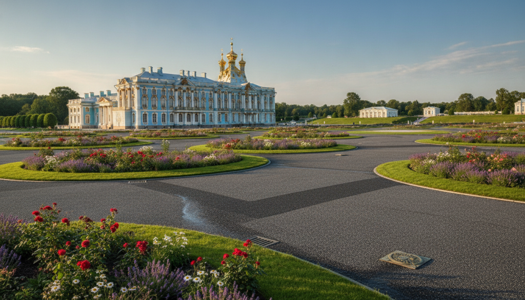 A landscaped view of the Tsarskoe Selo imperial palace grounds featuring innovative stadium porous asphalt stormwater drainage systems. In the foreground, showcase sections of the porous asphalt interspersed with lush greenery and elegant flower beds, demonstrating its drainage capabilities. The middle ground should depict the palace’s stunning architecture, highlighted by intricate baroque details, with a clear blue sky above. In the background, gentle hills and manicured trees, enhancing the serene ambiance. Soft, natural lighting creates a warm atmosphere, resembling late afternoon. Use a wide-angle perspective to capture the grandeur and integration of the drainage system within the palace grounds, focusing on sustainability and preservation in this innovative landscape design. A landscaped view of the Tsarskoe Selo imperial palace grounds featuring innovative stadium porous asphalt stormwater drainage systems. In the foreground, showcase sections of the porous asphalt interspersed with lush greenery and elegant flower beds, demonstrating its drainage capabilities. The middle ground should depict the palace’s stunning architecture, highlighted by intricate baroque details, with a clear blue sky above. In the background, gentle hills and manicured trees, enhancing the serene ambiance. Soft, natural lighting creates a warm atmosphere, resembling late afternoon. Use a wide-angle perspective to capture the grandeur and integration of the drainage system within the palace grounds, focusing on sustainability and preservation in this innovative landscape design.