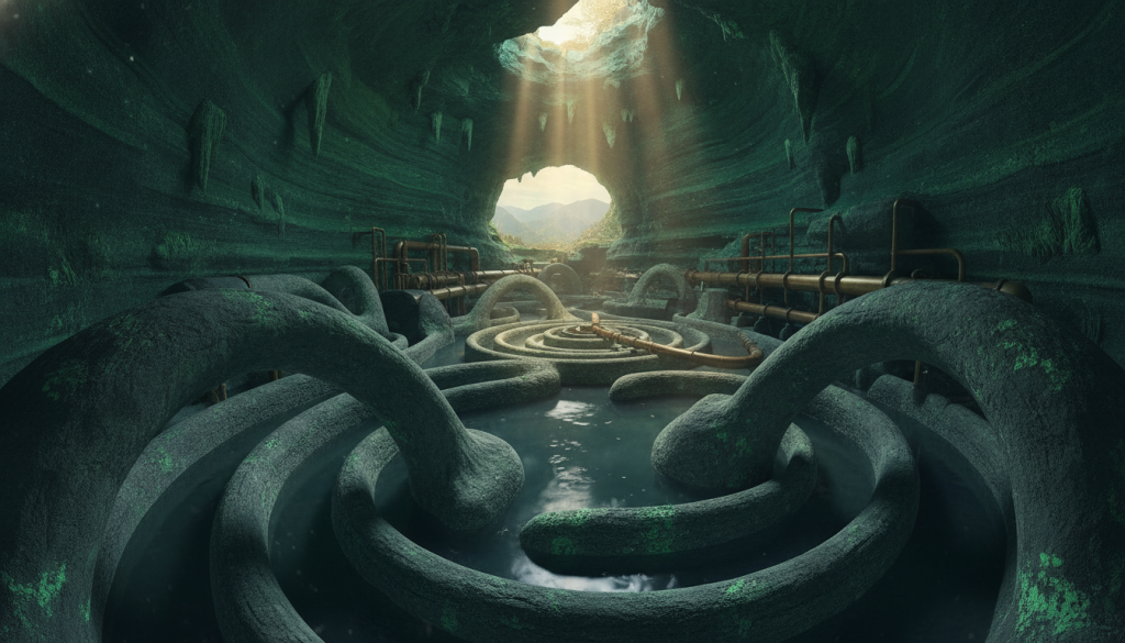 A mystical underground scene revealing the subsurface hydrologic heritage engineering vaults beneath Doi Suthep. In the foreground, intricate stone arches and water channels carved into the earth, glistening with reflections from soft bioluminescent moss. In the middle ground, an array of advanced water management systems, including pipes and reservoirs, harmoniously integrated with natural formations. The background features layers of rich, green sandstone and the faint outline of distant mountains, softly illuminated by shafts of diffused, golden light filtering through cracks above. The atmosphere is serene and semi-ethereal, invoking a sense of ancient guardianship, with the promise of sustainability and protection for the sacred mountain. Shot with a wide-angle lens to encompass the grandeur of the scene and emphasize the interplay of light and water.