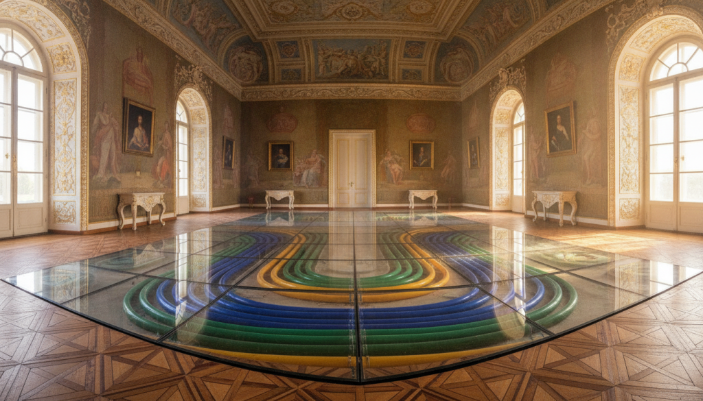 A serene and intricate view of the Alexander Palace’s historic flooring, revealing geothermal microclimate loops underneath. In the foreground, ornate wooden flooring with intricate carvings, showcasing the palace's rich heritage. The middle ground features clear glass panels reflecting the loops, their vibrant colors signifying the flow of geothermal energy, while subtle steam hints at the technology's effect on the environment. In the background, elegant walls adorned with classical artwork blend seamlessly into a softly lit atmosphere, illuminated by warm, golden light filtering through tall windows. Captured at eye level with a wide-angle lens to emphasize depth, creating a sense of wonder and tranquility within this innovative approach to climate engineering. The mood is one of harmony between history and modern technology. A serene and intricate view of the Alexander Palace’s historic flooring, revealing geothermal microclimate loops underneath. In the foreground, ornate wooden flooring with intricate carvings, showcasing the palace's rich heritage. The middle ground features clear glass panels reflecting the loops, their vibrant colors signifying the flow of geothermal energy, while subtle steam hints at the technology's effect on the environment. In the background, elegant walls adorned with classical artwork blend seamlessly into a softly lit atmosphere, illuminated by warm, golden light filtering through tall windows. Captured at eye level with a wide-angle lens to emphasize depth, creating a sense of wonder and tranquility within this innovative approach to climate engineering. The mood is one of harmony between history and modern technology.