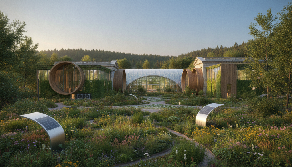 A serene scene depicting the Pushkin UNESCO Museum-Reserve in a vision of sustainability for the future. In the foreground, focus on a beautifully landscaped garden with native plants and solar-powered installations designed for energy efficiency. In the middle ground, showcase the stunning architecture of the museum with modern, eco-friendly materials that blend seamlessly with the historic structures. The background features a clear blue sky with soft, natural lighting illuminating the scene, and a gentle breeze causing leaves to rustle. The ambiance conveys a sense of harmony between nature and technology, symbolizing a model worth exporting. Use a wide-angle lens to capture the grandeur of the reserve, with vibrant colors emphasizing the sustainable design principles. A serene scene depicting the Pushkin UNESCO Museum-Reserve in a vision of sustainability for the future. In the foreground, focus on a beautifully landscaped garden with native plants and solar-powered installations designed for energy efficiency. In the middle ground, showcase the stunning architecture of the museum with modern, eco-friendly materials that blend seamlessly with the historic structures. The background features a clear blue sky with soft, natural lighting illuminating the scene, and a gentle breeze causing leaves to rustle. The ambiance conveys a sense of harmony between nature and technology, symbolizing a model worth exporting. Use a wide-angle lens to capture the grandeur of the reserve, with vibrant colors emphasizing the sustainable design principles.