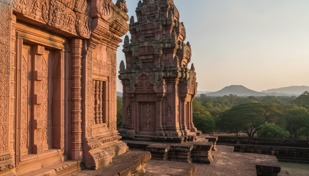 A serene scene showcasing the pink sandstone central tower of Phanom Rung, surrounded by non-invasive mineral masonry glazes designed for preservation. In the foreground, highlight the glazes with a soft gloss, reflecting natural light. The middle ground features the intricately carved details of the Khmer architecture, emphasizing the delicate patterns and textures of the sandstone. In the background, lush greenery and distant volcanic hills blend harmoniously, infusing a sense of protection and tranquility. The scene is illuminated by warm, golden sunlight, casting gentle shadows that enhance the stone's pink hue. Capture this angle from a low perspective, emphasizing the tower's grandeur while maintaining an overall atmosphere of reverence and sustainability in preservation efforts.