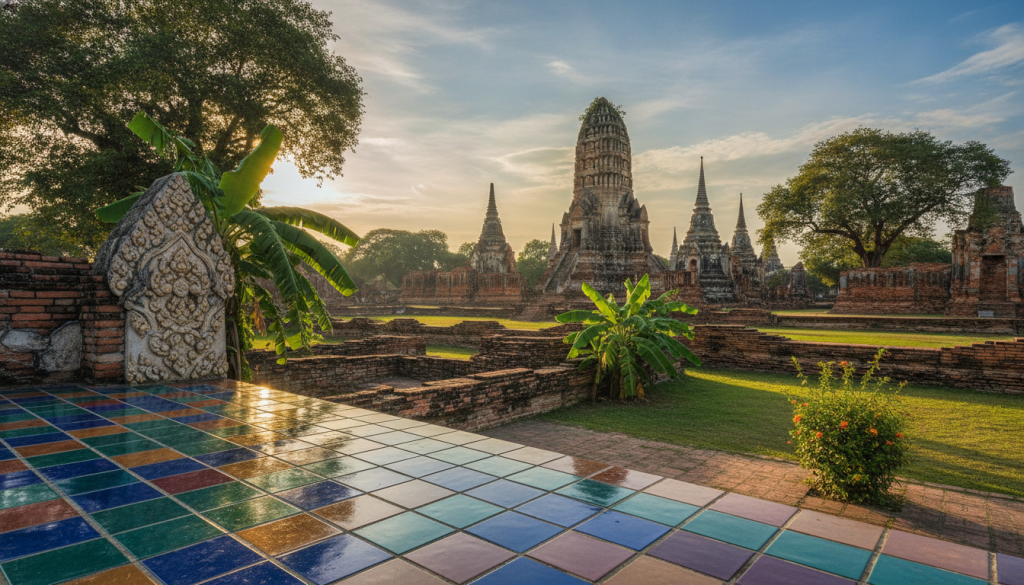 A serene view of ancient Ayutthaya architecture, showcasing intricately detailed stucco adorned with non-invasive mineral masonry glazes. In the foreground, vibrant mineral glazes reflect soft sunlight, highlighting their protective qualities. The middle ground features the textured surfaces of historical ruins, with lush greenery surrounding them, emphasizing a sense of rejuvenation. In the background, the iconic silhouette of Ayutthaya's ancient temples rises against a clear blue sky, bathed in warm golden hour light. The atmosphere exudes tranquility and resilience, inviting viewers to appreciate the preservation of history through innovative materials. Capture this scene with a slightly elevated perspective, using a wide-angle lens to convey depth and the harmony between nature and architecture. A serene view of ancient Ayutthaya architecture, showcasing intricately detailed stucco adorned with non-invasive mineral masonry glazes. In the foreground, vibrant mineral glazes reflect soft sunlight, highlighting their protective qualities. The middle ground features the textured surfaces of historical ruins, with lush greenery surrounding them, emphasizing a sense of rejuvenation. In the background, the iconic silhouette of Ayutthaya's ancient temples rises against a clear blue sky, bathed in warm golden hour light. The atmosphere exudes tranquility and resilience, inviting viewers to appreciate the preservation of history through innovative materials. Capture this scene with a slightly elevated perspective, using a wide-angle lens to convey depth and the harmony between nature and architecture.