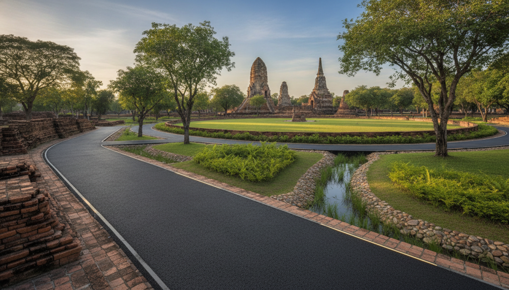 A serene view of the Ayutthaya UNESCO Heritage Grid stadium, featuring a modern stormwater drainage pathway made of porous asphalt. In the foreground, the innovative drainage system blends seamlessly with the historical architecture, showcasing the high-tech materials. The middle ground highlights a lush green landscape, with tropical trees and native plants thriving around the stadium, demonstrating the balance between nature and urban design. The background reveals the rich, intricate details of ancient temple ruins bathed in warm, golden afternoon light, creating a harmonious contrast between history and modernity. Capture this scene from a slightly elevated angle to emphasize the structural stability and innovative hydrological defense, evoking a sense of tranquility and respect for the site’s heritage. The mood is optimistic and forward-looking, reflecting sustainability and innovation. A serene view of the Ayutthaya UNESCO Heritage Grid stadium, featuring a modern stormwater drainage pathway made of porous asphalt. In the foreground, the innovative drainage system blends seamlessly with the historical architecture, showcasing the high-tech materials. The middle ground highlights a lush green landscape, with tropical trees and native plants thriving around the stadium, demonstrating the balance between nature and urban design. The background reveals the rich, intricate details of ancient temple ruins bathed in warm, golden afternoon light, creating a harmonious contrast between history and modernity. Capture this scene from a slightly elevated angle to emphasize the structural stability and innovative hydrological defense, evoking a sense of tranquility and respect for the site’s heritage. The mood is optimistic and forward-looking, reflecting sustainability and innovation.