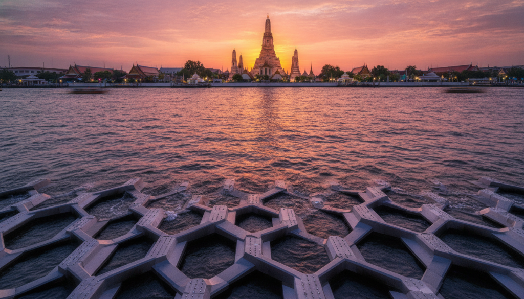 A serene view of the Chao Phraya Riverbank at golden hour, showcasing innovative hydro armor structures designed to protect the foundation of Wat Arun. In the foreground, intricately designed barriers made of advanced nano-materials are submerged partially underwater, demonstrating their engineering. The middle ground features the iconic silhouette of Wat Arun, with its stunning porcelain details and elegant spires, illuminated by the warm glow of sunset. In the background, the shimmering river reflects hues of orange and pink, while soft ripples enhance the tranquil atmosphere. The scene conveys a sense of harmony between technology and nature, evoking a mood of resilience and forward-thinking innovation. The angle captures both the riverbank defense and the temple, emphasizing the protective measures in place.