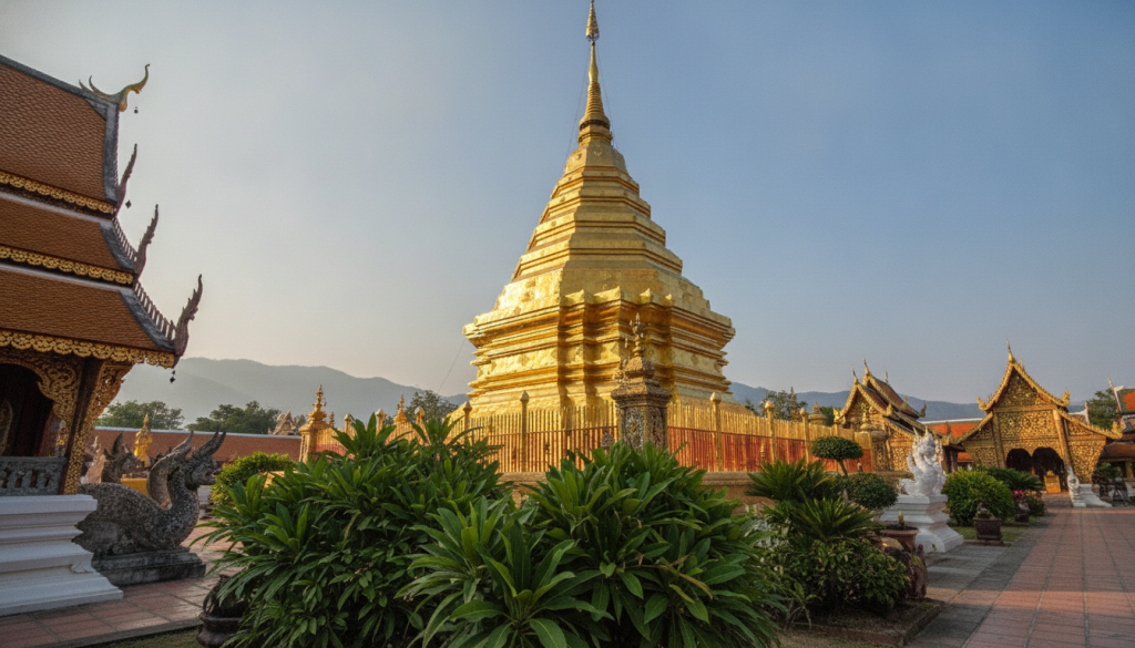 A serene view of the Lanna Golden Chedi, an intricately designed structure adorned with glimmering mineral glazes that reflect the sunlight. In the foreground, vibrant green foliage contrasts with the golden hues of the chedi, which features traditional Lanna architectural elements like tiered roofs and ornate carvings. The middle ground captures the elegant silhouette of the chedi against a clear blue sky, highlighting its historical significance. In the background, distant mist-covered mountains provide a peaceful backdrop, enhancing the sense of tranquility. Soft, golden light bathes the scene, creating a warm atmosphere. The perspective is slightly upward, as if the viewer is standing on the temple grounds, gazing up at the majestic structure.