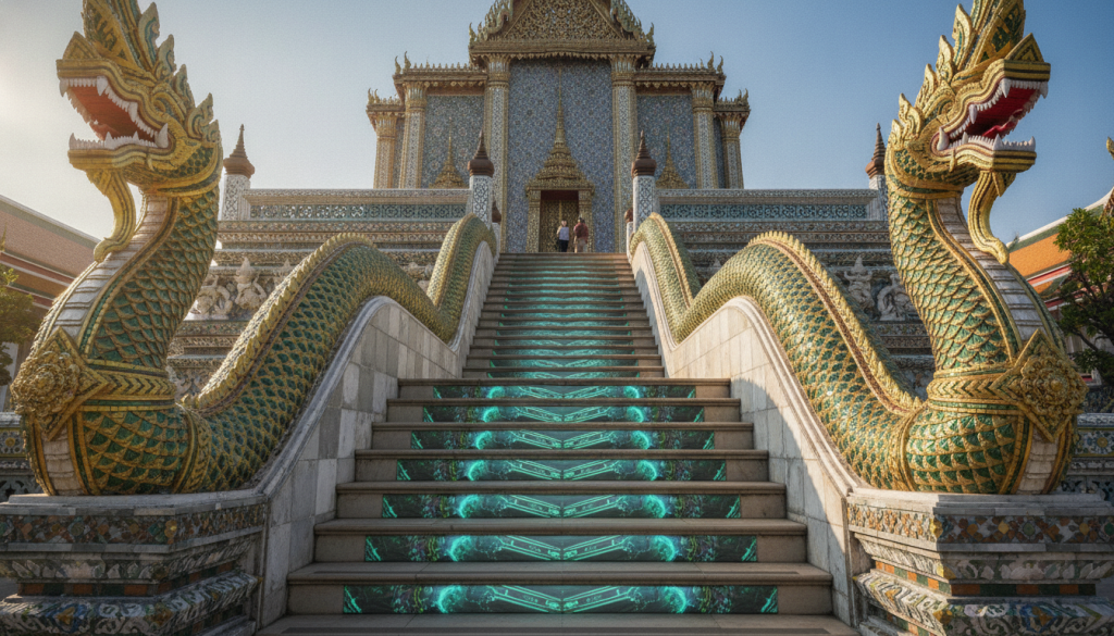 A vibrant scene showcasing the Naga staircase leading up to a majestic mosaic temple, highlighting kinetic energy plates integrated beneath the intricately designed steps. In the foreground, the serpentine Naga guardians wind gracefully along the staircase, their scales shimmering with golden and emerald hues in the sunlight. The middle layer features dynamic kinetic energy plates subtly illuminated, pulsating with an ethereal glow to suggest movement and power. In the background, the mosaic temple stands grandly, with intricate patterns reflecting traditional artistry against a clear blue sky. Bright, warm lighting bathes the scene, creating a harmonious blend of faith and innovation, evoking a sense of reverence and wonder as if the staircase itself is a living entity powering the journey upward.