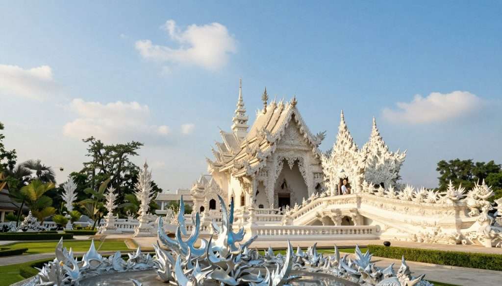 A breathtaking view of Wat Rong Khun, known as the White Temple, showcasing its intricate spires entwined with seismic preservation techniques. In the foreground, shimmering mineral glazes protect the temple’s delicate, alabaster architecture, reflecting soft morning light that enhances the artful details of the sculpted elements. In the middle ground, vivid white spires rise majestically against a brilliant blue sky, their surfaces glistening and smooth, symbolizing resilience and innovation. The background features lush greenery, providing a serene contrast that captures the essence of peace and spirituality. The scene is infused with a tranquil atmosphere, illuminated by golden sunlight filtering through wispy clouds, casting gentle shadows. Capture this enchanting moment from a slightly elevated angle to accentuate the temple's grandeur and natural surroundings.