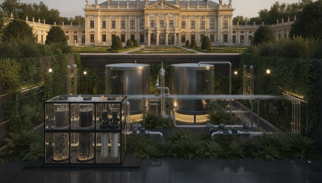 A closed loop reservoir stormwater harvesting system located beneath the majestic Wilanów Palace, showcasing a blend of baroque architecture and advanced eco-technology. In the foreground, intricately designed water filtration systems with visible pipelines and lush greenery, reflecting the integration of nature and engineering. The middle ground features rainwater collection tanks and pumps, illuminated by soft, ambient lighting that emphasizes the innovative design. The background showcases the ornate Wilanów Palace, with its Baroque facade and manicured gardens bathed in golden hour light, creating a harmonious balance of history and sustainability. The atmosphere is serene and forward-thinking, evoking a sense of calm scientific progress in a beautiful historical setting, captured from a slightly elevated angle to highlight both the palace and the modern technology beneath it.