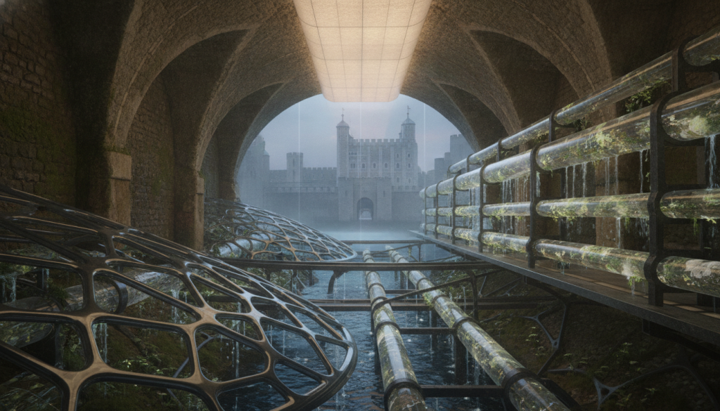 A detailed, imaginative view of the subsurface hydrologic heritage engineering beneath the Tower of London moat, showcasing advanced, eco-friendly water management systems. In the foreground, intricate nano-shielded structures blend seamlessly with ancient stone remnants, illustrating a fusion of history and innovation. The middle ground features a network of transparent conduits and bioluminescent plants cascading water, under soft, ambient lighting that creates a serene yet purposeful atmosphere. In the background, faint silhouettes of the Tower's iconic architecture rise above the moat to add context, surrounded by an ethereal mist. The scene is captured from a low angle, emphasizing depth and complexity, with a focus on the juxtaposition of historical significance and cutting-edge engineering technology. A detailed, imaginative view of the subsurface hydrologic heritage engineering beneath the Tower of London moat, showcasing advanced, eco-friendly water management systems. In the foreground, intricate nano-shielded structures blend seamlessly with ancient stone remnants, illustrating a fusion of history and innovation. The middle ground features a network of transparent conduits and bioluminescent plants cascading water, under soft, ambient lighting that creates a serene yet purposeful atmosphere. In the background, faint silhouettes of the Tower's iconic architecture rise above the moat to add context, surrounded by an ethereal mist. The scene is captured from a low angle, emphasizing depth and complexity, with a focus on the juxtaposition of historical significance and cutting-edge engineering technology.