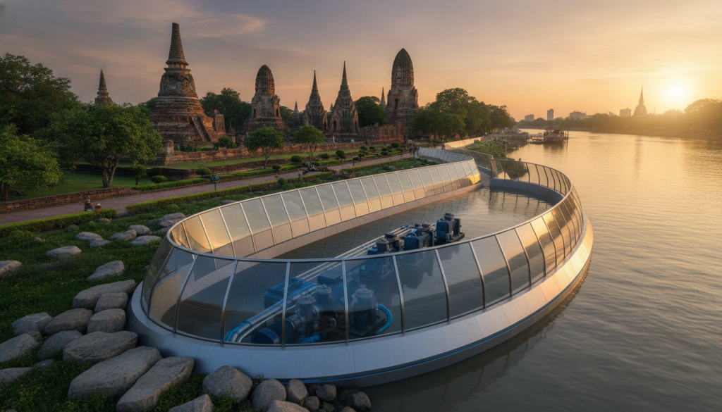 A futuristic and resilient flood diversion shield along the banks of the Chao Phraya River, showcasing advanced engineering designed to protect the historical Ayutthaya heritage sites. In the foreground, a sleek, modern protective structure made of reinforced glass and steel glints in the sunlight, seamlessly integrating with the natural landscape. The middle ground features lush greenery and remnants of ancient temples, preserved in harmony with the technology. In the background, the iconic skyline of Ayutthaya is silhouetted against a vivid sunset, casting warm hues across the scene. The atmosphere is serene yet powerful, emphasizing the confluence of nature and innovation. The image captures a wide-angle view, emphasizing depth and perspective, with soft lighting enhancing the tranquil yet transformative mood. A futuristic and resilient flood diversion shield along the banks of the Chao Phraya River, showcasing advanced engineering designed to protect the historical Ayutthaya heritage sites. In the foreground, a sleek, modern protective structure made of reinforced glass and steel glints in the sunlight, seamlessly integrating with the natural landscape. The middle ground features lush greenery and remnants of ancient temples, preserved in harmony with the technology. In the background, the iconic skyline of Ayutthaya is silhouetted against a vivid sunset, casting warm hues across the scene. The atmosphere is serene yet powerful, emphasizing the confluence of nature and innovation. The image captures a wide-angle view, emphasizing depth and perspective, with soft lighting enhancing the tranquil yet transformative mood.