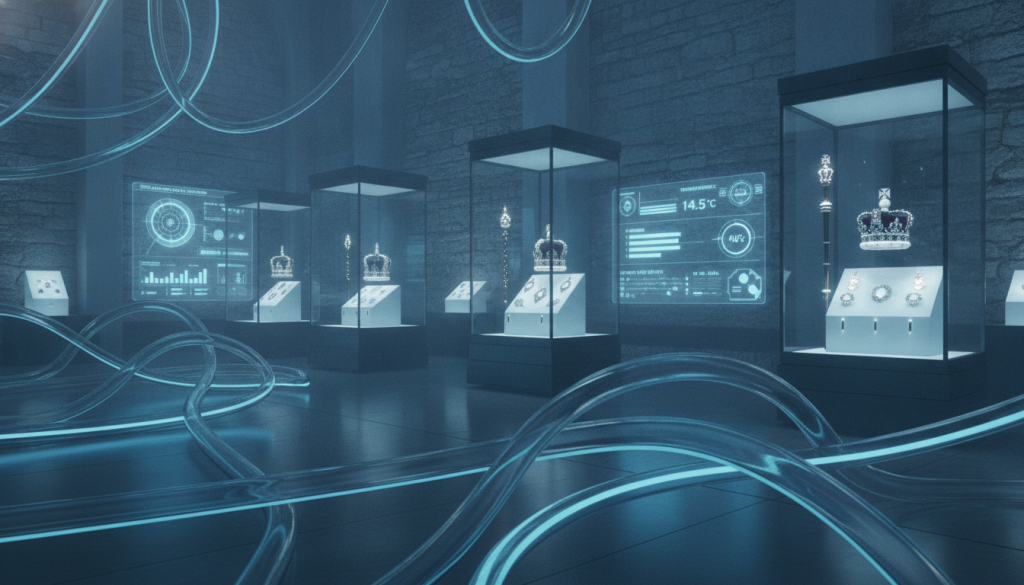 A futuristic interior of the Jewel House, showcasing the microclimate vaults designed to cool the Crown Jewels. In the foreground, sleek, transparent cooling tubes meander elegantly through the space, shimmering with ambient light. The middle ground reveals intricately arranged jewel displays, featuring radiant crowns and sparkling gemstones, illuminated by soft, diffused lighting that enhances their brilliance. The background showcases high-tech environmental control panels with digital screens displaying temperature and humidity levels, set against the historic stone walls of the Tower of London. The atmosphere is serene and almost sacred, giving a sense of reverence for the treasures housed within. Illuminate the scene with soft, bluish-white light to evoke a cool, high-tech feel, emphasizing advanced engineering paired with the rich history of the setting. A futuristic interior of the Jewel House, showcasing the microclimate vaults designed to cool the Crown Jewels. In the foreground, sleek, transparent cooling tubes meander elegantly through the space, shimmering with ambient light. The middle ground reveals intricately arranged jewel displays, featuring radiant crowns and sparkling gemstones, illuminated by soft, diffused lighting that enhances their brilliance. The background showcases high-tech environmental control panels with digital screens displaying temperature and humidity levels, set against the historic stone walls of the Tower of London. The atmosphere is serene and almost sacred, giving a sense of reverence for the treasures housed within. Illuminate the scene with soft, bluish-white light to evoke a cool, high-tech feel, emphasizing advanced engineering paired with the rich history of the setting.