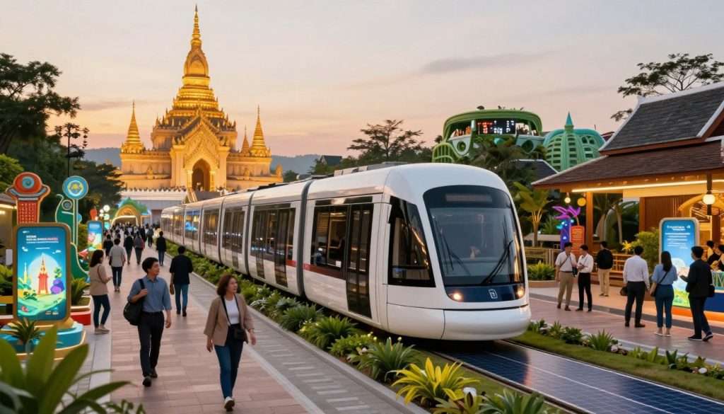 A futuristic scene of a solar-electric tram gliding smoothly along a vibrant cultural corridor in Chiang Rai, set in the year 2050. In the foreground, the sleek, modern tram showcases solar panels integrated into its design, with lush greenery and artistic installations lining the sides of the tracks. In the middle ground, diverse groups of people in professional attire and modest casual clothing enjoy the bustling atmosphere, with some interacting with digital art displays. The background features the iconic Alabaster Citadel, illuminated by warm, golden light at sunset, surrounded by a backdrop of advanced, eco-friendly architecture. The overall mood is optimistic and innovative, capturing the essence of sustainability and cultural richness. Use a wide-angle lens to encompass the entire scene and enhance depth, showcasing bright colors and clear details for an engaging visual experience.