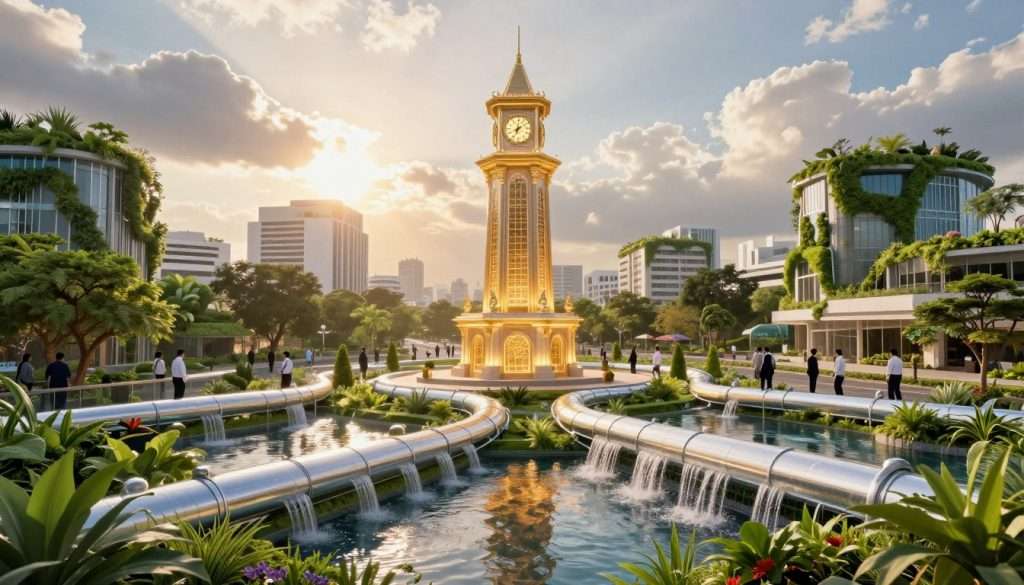A futuristic scene of the Clock Tower district in Chiang Rai, 2050, showcasing an advanced capillary cooling system seamlessly integrated into the urban landscape. In the foreground, intricate cooling pipes and elements emerge from the ground, surrounded by lush greenery that flourishes from the captured floodwater. In the middle ground, the iconic Clock Tower glistens under warm, golden lighting, with people in professional attire engaging with the environment, reflecting a blend of technology and nature. The background displays a skyline of eco-friendly buildings adorned with green roofs, while radiant sunlight filters through fluffy clouds, creating a bright and optimistic atmosphere. The image should evoke a sense of harmony between innovation and sustainability, captured with a wide-angle lens to emphasize the depth and complexity of this zero-emission urban ecosystem.