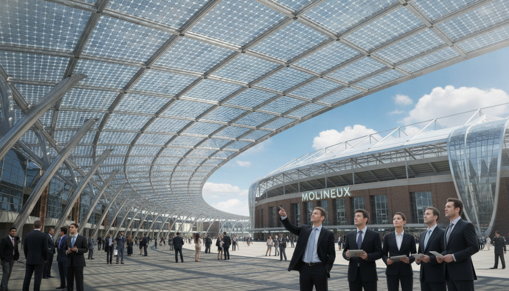 A futuristic view of Molineux Stadium featuring innovative PTFE membrane solar roof technology. In the foreground, the solar canopy elegantly arches over the stadium, showcasing shimmering solar cells that reflect sunlight. The middle ground presents a detail of the structural framework, highlighting the interplay of sleek metal supports and translucent PTFE membranes that allow light to filter through. In the background, the iconic stadium stands tall against a clear blue sky, with fluffy white clouds drifting by. The lighting is bright and natural, enhancing the futuristic design elements. Capture the mood of optimism and sustainable innovation, with people in professional business attire admiring the roof's modern engineering and a sense of community engagement in the air. Angle the shot slightly upward to emphasize the grandeur of the structure.