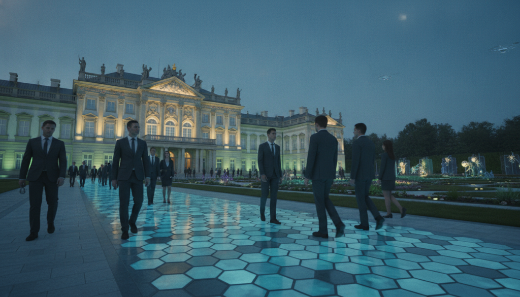 A futuristic view of Wilanów Palace in 2050, showcasing an innovative lighting system powered by piezoelectric tiles embedded in the pathway. In the foreground, diverse visitors in professional attire walk, activating the tiles, which glow softly under their footsteps. The middle ground features the magnificent Baroque architecture of the palace, elegantly illuminated by vibrant, energy-efficient lights that highlight its ornate details. The background showcases a lush, well-maintained garden, blending seamlessly with the palace's grandeur. Soft, ambient lighting enhances the ethereal atmosphere, casting gentle shadows. The scene is captured from a low angle to emphasize the impressive height of the palace, with a clear blue sky above, suggesting a harmonious balance between nature and technology in this sustainable future setting.