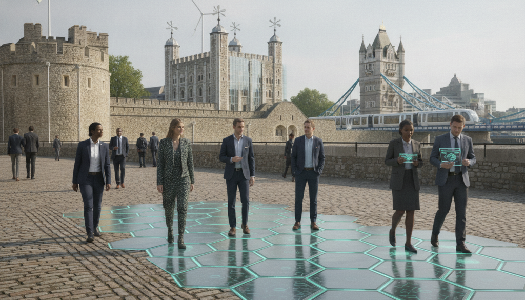 A futuristic view of the Tower of London in 2050, showcasing piezoelectric energy tiles integrated into the walkways of Tower Green and the Wharf. In the foreground, detailed age-worn cobblestones are interspersed with sleek, shimmering energy tiles glowing softly beneath light. In the middle ground, a diverse group of environmentally-conscious professionals in business attire walk and interact, highlighting the innovative energy technology. The backdrop features the iconic silhouette of the Tower of London, with modern renewable energy structures elegantly merging with the historical architecture. Bright, natural lighting bathes the scene, creating a vibrant atmosphere. The angle is slightly elevated, capturing both the historical and contemporary elements seamlessly. A futuristic view of the Tower of London in 2050, showcasing piezoelectric energy tiles integrated into the walkways of Tower Green and the Wharf. In the foreground, detailed age-worn cobblestones are interspersed with sleek, shimmering energy tiles glowing softly beneath light. In the middle ground, a diverse group of environmentally-conscious professionals in business attire walk and interact, highlighting the innovative energy technology. The backdrop features the iconic silhouette of the Tower of London, with modern renewable energy structures elegantly merging with the historical architecture. Bright, natural lighting bathes the scene, creating a vibrant atmosphere. The angle is slightly elevated, capturing both the historical and contemporary elements seamlessly.