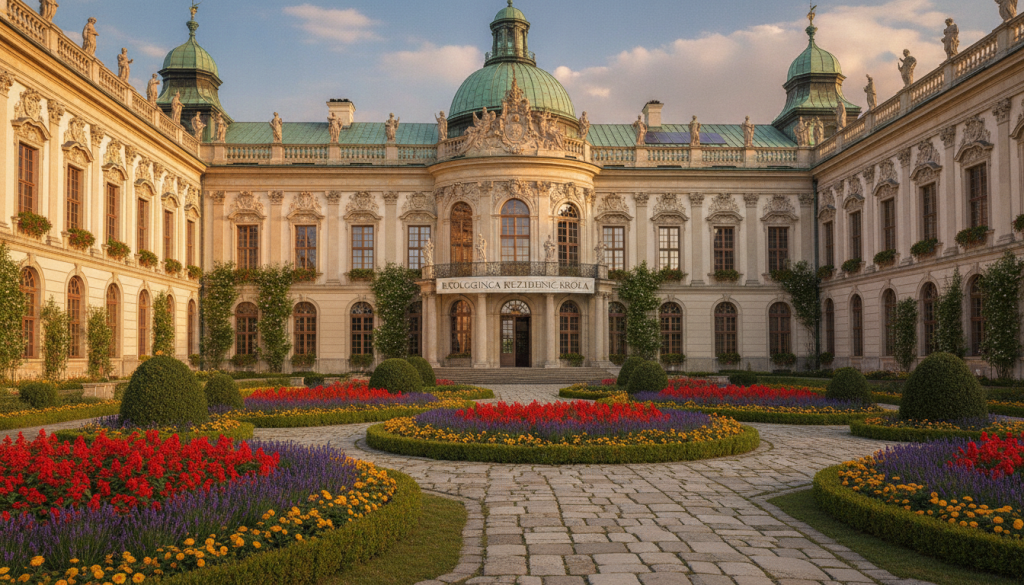 A majestic view of King John III Sobieski's Palace, showcasing its exquisite Baroque facade adorned with ornate sculptures and intricate detailing. In the foreground, a well-manicured garden flourishes with vibrant flowers, neatly trimmed hedges, and classic stone pathways leading up to the palace entrance. The middle ground features the grand palace structure with its opulent windows reflecting sunlight, while the background presents an expansive blue sky with soft, fluffy clouds. The scene is bathed in warm, golden hour light, enhancing the baroque architecture's grandeur and inviting atmosphere. Capture the palace from a slightly elevated angle for a sweeping perspective that conveys both its historical significance and its transformation into a sustainable sanctuary.