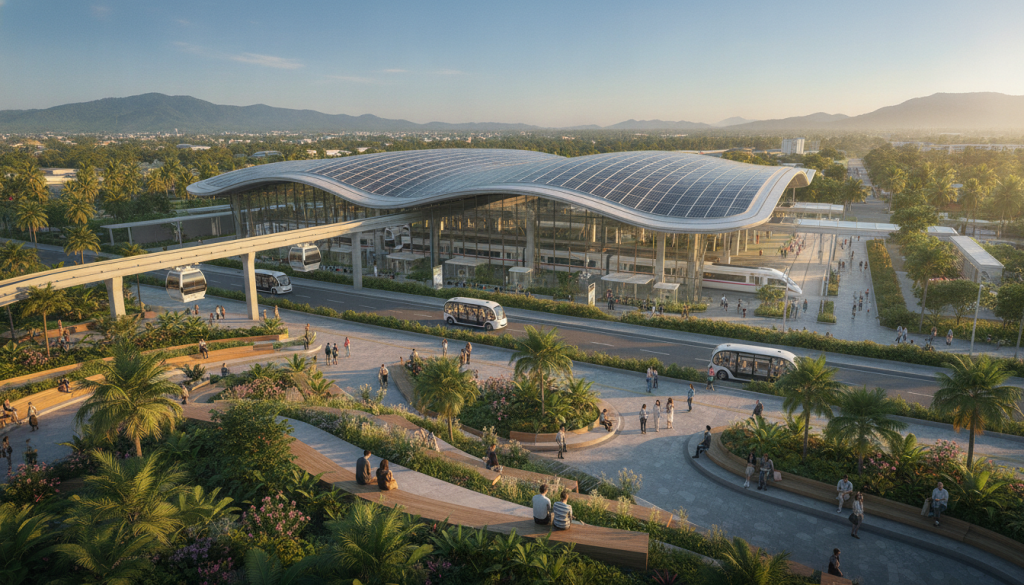 A modern southern Thailand smart transit hub featuring a sleek cable car system soaring above a vibrant rail terminal. In the foreground, show a bustling plaza with eco-friendly design, adorned with lush greenery and waiting passengers dressed in smart casual attire. The middle ground highlights the innovative rail terminal with photovoltaic panels on the roof, while futuristic cable cars glide overhead against a bright blue sky. The background displays a serene urban landscape with mountains and palm trees, symbolizing the region's natural beauty. Soft, golden hour lighting enhances the scene, creating a warm and inviting atmosphere. A wide-angle perspective captures the seamless integration of transit and clean energy infrastructure, emphasizing efficiency and sustainability in connectivity.