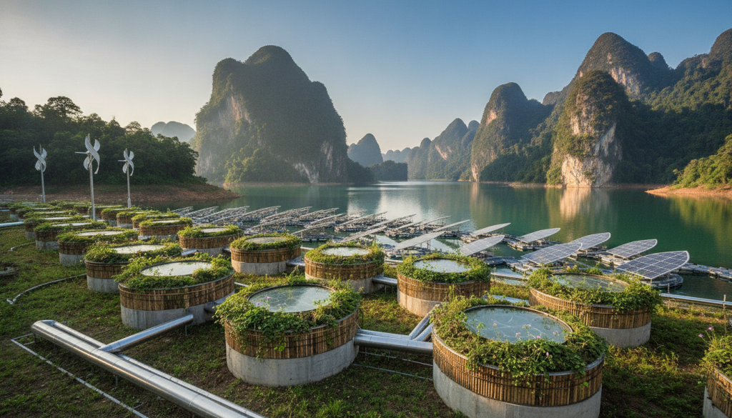 A panoramic view of the Ratchaprapha Dam's eco grid cooling system, set against the serene backdrop of Cheow Lan Lake, with lush karst mountains reflecting on the water's surface. In the foreground, sleek, eco-friendly cooling apparatuses showcase a closed-loop water system, incorporating natural materials and greenery. The middle ground features innovative solar panels and wind turbines seamlessly integrated into the landscape, exemplifying modern sustainable technology. In the background, the tranquil lake enveloped by verdant hills under a clear blue sky envelops the scene. Soft, natural lighting bathes the environment, enhancing the vibrant colors and creating a harmonious atmosphere of ecological innovation. The composition conveys a sense of peace and sustainability, ideal for showcasing cutting-edge environmental technology. A panoramic view of the Ratchaprapha Dam's eco grid cooling system, set against the serene backdrop of Cheow Lan Lake, with lush karst mountains reflecting on the water's surface. In the foreground, sleek, eco-friendly cooling apparatuses showcase a closed-loop water system, incorporating natural materials and greenery. The middle ground features innovative solar panels and wind turbines seamlessly integrated into the landscape, exemplifying modern sustainable technology. In the background, the tranquil lake enveloped by verdant hills under a clear blue sky envelops the scene. Soft, natural lighting bathes the environment, enhancing the vibrant colors and creating a harmonious atmosphere of ecological innovation. The composition conveys a sense of peace and sustainability, ideal for showcasing cutting-edge environmental technology.
