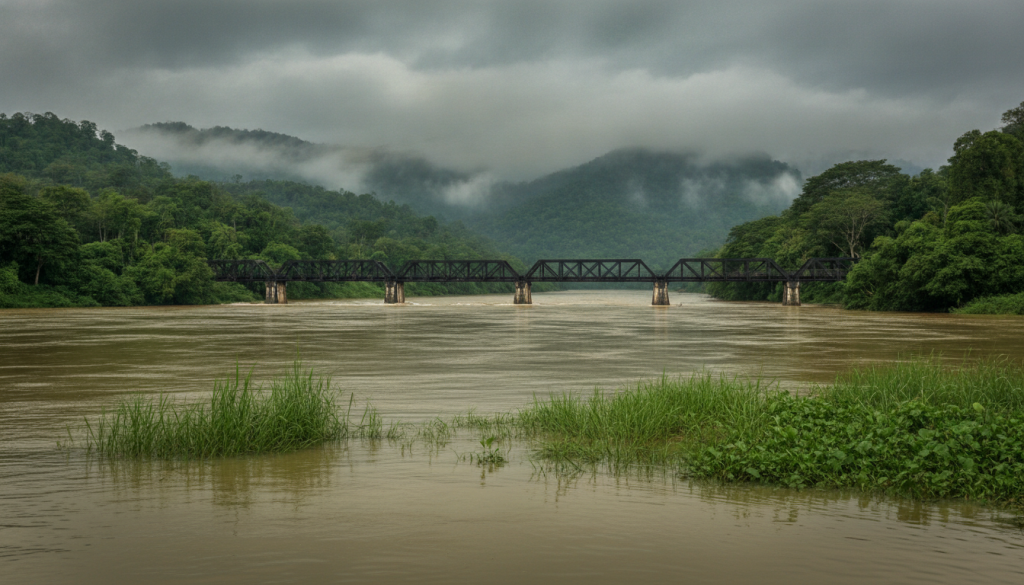 A picturesque view of the iconic Bridge on the River Kwai, surrounded by dense tropical foliage, showcasing the impending threat of monsoon flooding. In the foreground, vibrant green reeds sway gently, partially submerged in murky water. In the middle ground, the bridge spans majestically across the river, its iron structure contrasting with the lush landscape. The river swells ominously, reflecting dark storm clouds overhead, and the atmosphere feels tense and foreboding. In the background, rolling hills fade into the mist, hinting at the region's rich history. Soft, diffused lighting accentuates the shadows beneath the bridge, capturing the mood of unease as nature's power looms. The image is captured from a low angle, emphasizing the grandeur of the bridge while immersing the viewer in the scene's impending drama.
