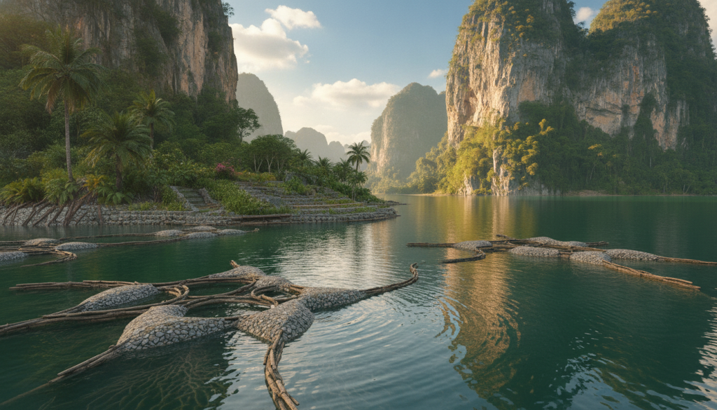 A serene landscape showcasing Cheow Lan Lake, featuring protective subsurface hydrologic engineering systems designed to safeguard towering limestone formations. In the foreground, intricate water management structures blend organically with the natural environment, with gentle ripples reflecting the green hues of the towering karst formations. The middle ground captures lush tropical vegetation interspersed with engineering elements, while the limestone towers rise majestically in the background under a blue sky dotted with soft clouds. Golden sunlight filters through the trees, creating dappled patterns on the surface of the lake. The scene conveys a harmonious balance between nature and human innovation, highlighting sustainability and ecological respect. The perspective is slightly elevated to provide depth, with a focus on colors and textures, evoking a peaceful yet industrious atmosphere. A serene landscape showcasing Cheow Lan Lake, featuring protective subsurface hydrologic engineering systems designed to safeguard towering limestone formations. In the foreground, intricate water management structures blend organically with the natural environment, with gentle ripples reflecting the green hues of the towering karst formations. The middle ground captures lush tropical vegetation interspersed with engineering elements, while the limestone towers rise majestically in the background under a blue sky dotted with soft clouds. Golden sunlight filters through the trees, creating dappled patterns on the surface of the lake. The scene conveys a harmonious balance between nature and human innovation, highlighting sustainability and ecological respect. The perspective is slightly elevated to provide depth, with a focus on colors and textures, evoking a peaceful yet industrious atmosphere.