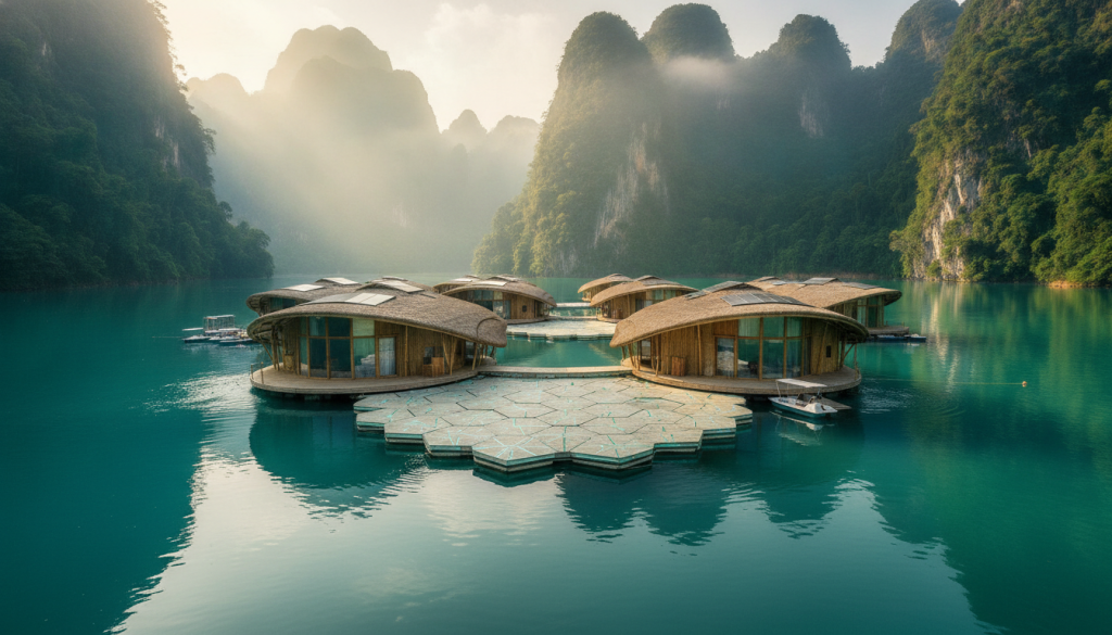 A serene scene of Cheow Lan Lake featuring innovative floating bungalows with piezoelectric decks, designed for sustainable travel. In the foreground, the eco-bungalows are surrounded by crystal-clear water that reflects the lush green karst mountains in the background. The bungalows are constructed with natural materials, blending harmoniously with the environment. Gentle waves lap against the decks, which are embedded with piezoelectric technology that captures energy from footsteps. Soft morning light filters through mist, creating a tranquil atmosphere. Capture the scene from a slightly elevated angle, showcasing the bungalows against the stunning natural backdrop, emphasizing sustainability and innovation. The mood is peaceful and inspiring, a vision of eco-friendly travel in 2050. A serene scene of Cheow Lan Lake featuring innovative floating bungalows with piezoelectric decks, designed for sustainable travel. In the foreground, the eco-bungalows are surrounded by crystal-clear water that reflects the lush green karst mountains in the background. The bungalows are constructed with natural materials, blending harmoniously with the environment. Gentle waves lap against the decks, which are embedded with piezoelectric technology that captures energy from footsteps. Soft morning light filters through mist, creating a tranquil atmosphere. Capture the scene from a slightly elevated angle, showcasing the bungalows against the stunning natural backdrop, emphasizing sustainability and innovation. The mood is peaceful and inspiring, a vision of eco-friendly travel in 2050.