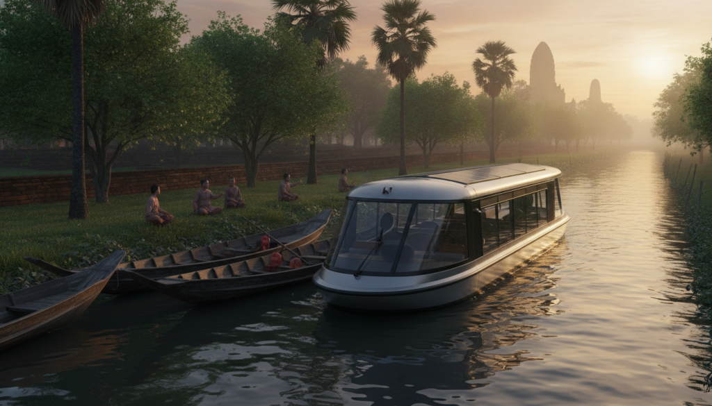 A serene scene showcasing a Siamese Canal Transit Grid solar-electric water shuttle gliding smoothly along the historical Ayutthaya canal. In the foreground, the sleek, modern shuttle, featuring glossy surfaces and solar panels, contrasts with traditional wooden boats. The middle ground reveals lush greenery along the canal's banks, with people dressed in modest attire enjoying the tranquil atmosphere, some engaging in conversations or observing nature. The background features Ayutthaya’s iconic ancient temples partially shrouded in mist under a warm golden hour light, creating a harmonious blend of innovation and tradition. The scene captures a feeling of hope and sustainability, with soft reflections dancing on the water's surface, inviting viewers to envision a clean-energy future. The image should be shot from a low angle, emphasizing the shuttle against the temple silhouettes. A serene scene showcasing a Siamese Canal Transit Grid solar-electric water shuttle gliding smoothly along the historical Ayutthaya canal. In the foreground, the sleek, modern shuttle, featuring glossy surfaces and solar panels, contrasts with traditional wooden boats. The middle ground reveals lush greenery along the canal's banks, with people dressed in modest attire enjoying the tranquil atmosphere, some engaging in conversations or observing nature. The background features Ayutthaya’s iconic ancient temples partially shrouded in mist under a warm golden hour light, creating a harmonious blend of innovation and tradition. The scene captures a feeling of hope and sustainability, with soft reflections dancing on the water's surface, inviting viewers to envision a clean-energy future. The image should be shot from a low angle, emphasizing the shuttle against the temple silhouettes.