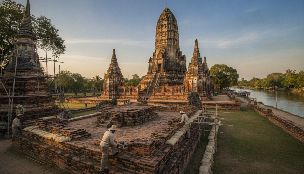 A serene view of Wat Chaiwatthanaram, showcasing the intricate brickwork and the preservation techniques being employed to protect the ancient structure from flooding. In the foreground, a few skilled conservators are gently repairing the brick facade, dressed in modest work clothing. The middle ground features the temple's iconic prang rising majestically against a clear blue sky, highlighting the historical significance of this architectural marvel. In the background, the river flows calmly, reflecting the temple and greenery along the banks, symbolizing the harmony between nature and heritage. The scene is bathed in warm, golden light during the late afternoon, creating a tranquil and hopeful ambiance, capturing the essence of Ayutthaya's resilience in the face of climate challenges. A serene view of Wat Chaiwatthanaram, showcasing the intricate brickwork and the preservation techniques being employed to protect the ancient structure from flooding. In the foreground, a few skilled conservators are gently repairing the brick facade, dressed in modest work clothing. The middle ground features the temple's iconic prang rising majestically against a clear blue sky, highlighting the historical significance of this architectural marvel. In the background, the river flows calmly, reflecting the temple and greenery along the banks, symbolizing the harmony between nature and heritage. The scene is bathed in warm, golden light during the late afternoon, creating a tranquil and hopeful ambiance, capturing the essence of Ayutthaya's resilience in the face of climate challenges.