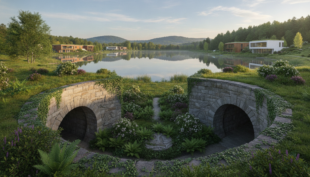 A serene view showcasing subsurface hydrologic heritage engineering vaults near Lake Wilanów. In the foreground, intricately designed vault entrances made of aged stone, partially obscured by lush green vegetation. The middle ground features a glistening lake reflecting the blue sky, bordered by contemporary architectural structures that harmonize with nature. In the background, gentle hills adorned with vibrant flora, creating a tranquil atmosphere. The lighting is soft and diffused, simulating early morning sunlight, enhancing the serene mood. A wide-angle perspective captures the grandeur and plethora of details, emphasizing the blend of natural beauty and innovative engineering. The image should be devoid of human presence, allowing the focus to remain on the architectural and natural elements.