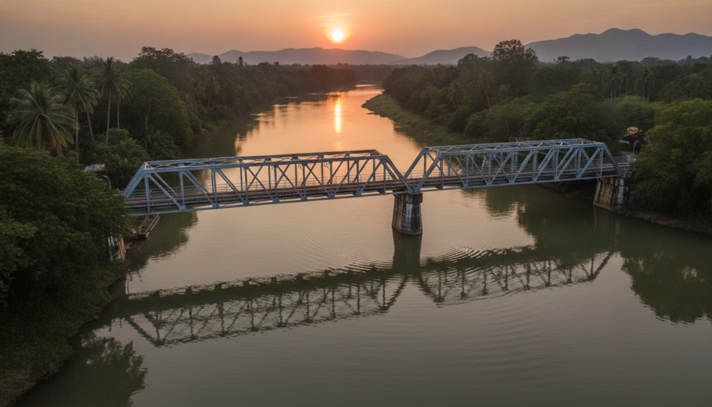 A stunning view of the iconic Bridge on the River Kwai, showcasing its unique preservation with a nano-mineral coating that protects against corrosion. In the foreground, the gleaming bridge spans across the tranquil river, reflecting the warm hues of a golden sunset. Lush greenery flanks the banks of the river, adding a vibrant contrast to the robust steel structure. In the middle ground, gentle ripples shimmer across the water's surface, enhancing the serene atmosphere. The background features distant mountains, softly illuminated by the fading light. The lighting is warm and inviting, capturing a peaceful mood while highlighting the innovative technology of the nano-mineral armor. The composition is shot from a slightly elevated angle, creating depth and drawing the viewer’s eye towards the bridge's majestic form.