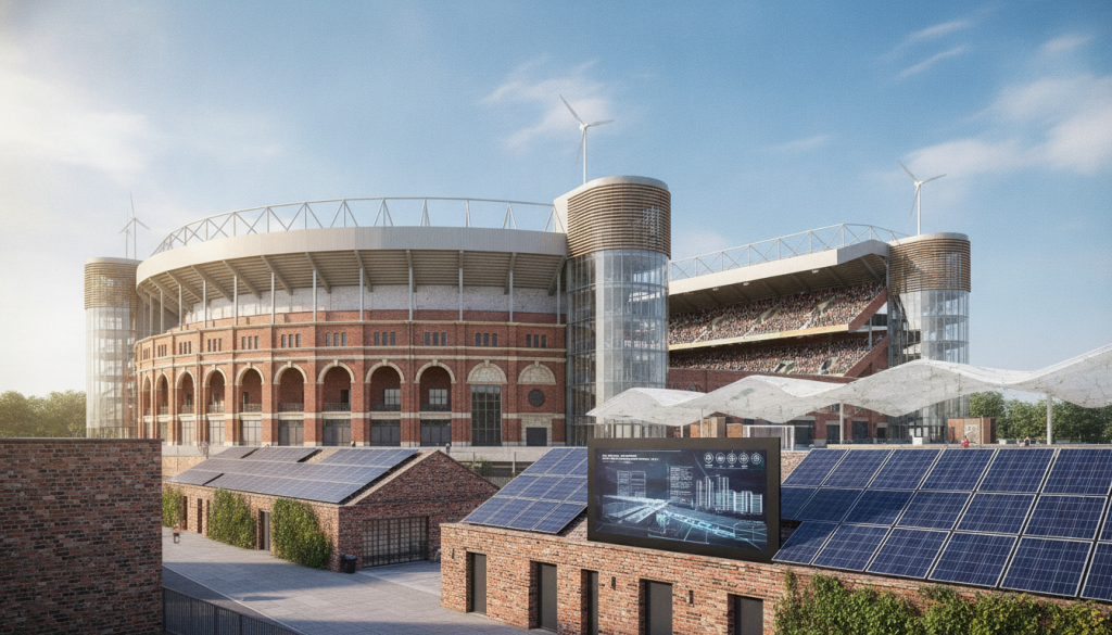 A vibrant and innovative architectural visualization of the Steve Bull Stand redevelopment at Molineux Stadium, emphasizing the preservation of its historic 1889 heritage. In the foreground, display a blend of old and new materials, incorporating original brickwork alongside modern sustainable design elements, like solar panels and green facades. The middle ground should showcase the iconic Molineux Stadium, with its classic architecture harmoniously integrated with cutting-edge structures surrounding it. The background should feature a bright blue sky with subtle clouds, capturing a hopeful, forward-looking atmosphere. Use soft, natural lighting to evoke a sense of warmth and connection to the past. Capture the scene from a slightly elevated angle to encompass the full scope of the redevelopment while ensuring that the heritage of the stadium remains prominent and revered.