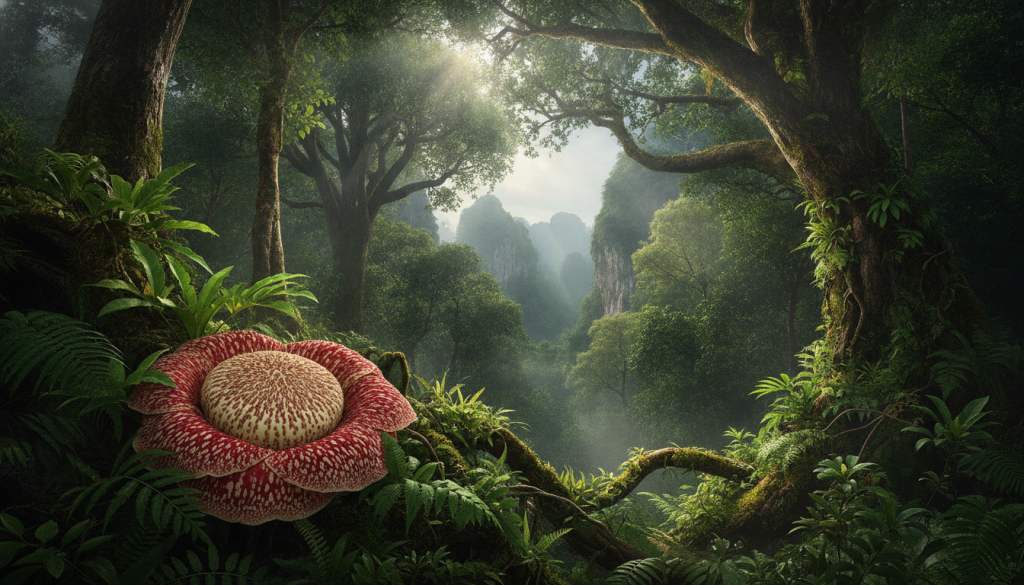 A vibrant scene in the Khao Sok rainforest canopy, showcasing a Rafflesia kerrii in full bloom, with its large, striking, red and cream petals. In the foreground, the intricate textures of the exotic flower contrast against lush green foliage, while a subtle mist enhances the humid atmosphere. In the middle ground, towering trees form a web of branches, creating a natural shield that filters sunlight, casting dappled light onto the forest floor. In the background, hints of distant karst formations are partially obscured by dense vegetation, emphasizing the rich biodiversity of the area. The lighting is soft and diffused, reminiscent of early morning, drawing attention to the interplay of colors and shadows, evoking a sense of wonder and tranquility in this microclimate. A vibrant scene in the Khao Sok rainforest canopy, showcasing a Rafflesia kerrii in full bloom, with its large, striking, red and cream petals. In the foreground, the intricate textures of the exotic flower contrast against lush green foliage, while a subtle mist enhances the humid atmosphere. In the middle ground, towering trees form a web of branches, creating a natural shield that filters sunlight, casting dappled light onto the forest floor. In the background, hints of distant karst formations are partially obscured by dense vegetation, emphasizing the rich biodiversity of the area. The lighting is soft and diffused, reminiscent of early morning, drawing attention to the interplay of colors and shadows, evoking a sense of wonder and tranquility in this microclimate.
