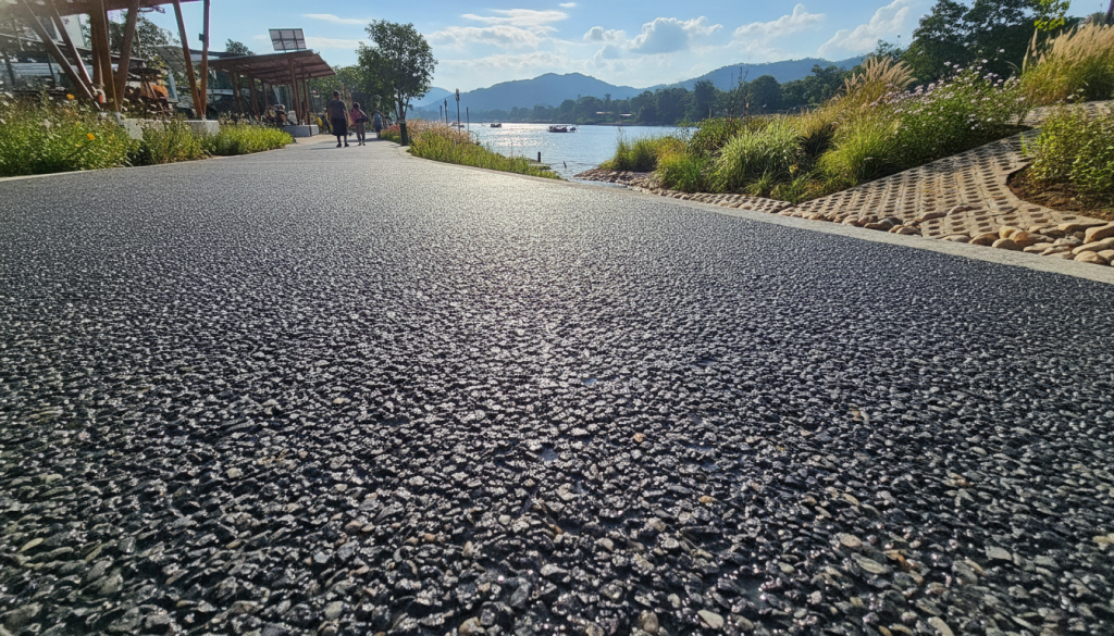 A vibrant view of the Kanchanaburi promenade featuring innovative stadium porous asphalt designed for stormwater drainage. In the foreground, showcase a smooth, textured surface of asphalt with water droplets, reflecting the sunlight. In the middle ground, capture a carefully landscaped area with greenery and native plants integrated into the drainage system, promoting sustainability. The background should reveal a serene landscape of the river and distant hills under a bright blue sky, with fluffy white clouds. Use natural lighting to create warmth and an inviting atmosphere, giving an impression of a modern, eco-friendly environment. A low-angle perspective can enhance the dynamic elements, showcasing the harmonious blend of infrastructure and nature.