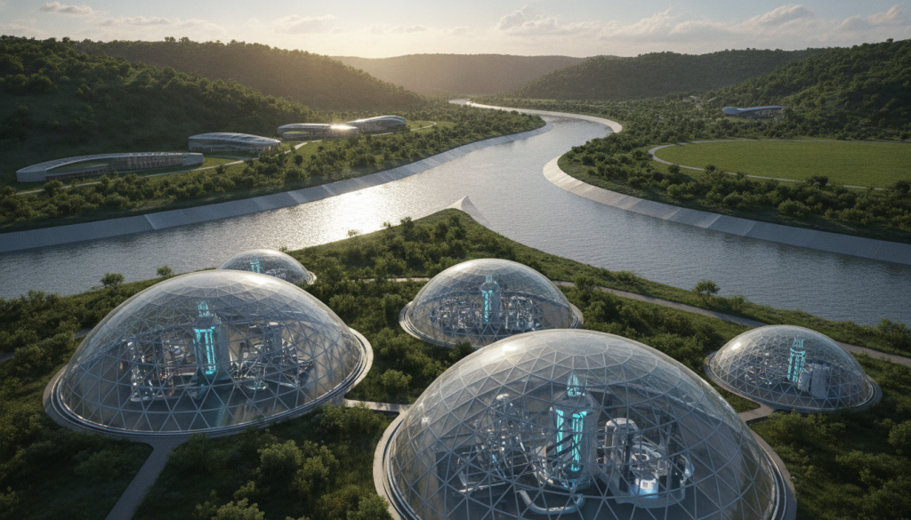 Aerial view of a futuristic subsurface hydrologic heritage engineering vaults at a river confluence, carefully integrated into a lush green landscape. The foreground features intricate, transparent domes showcasing advanced water management technology, with soft blue lighting illuminating the interior. In the middle ground, two rivers winding together, reflecting sunlight in a shimmering pattern, with sleek, nano-shielded structures alongside the riverbanks. The background displays rolling hills and modern eco-friendly buildings nestled harmoniously within the environment, with a bright sky casting a warm, inviting atmosphere. The image evokes a sense of innovation and sustainability, using a high-angle lens to capture expansive depth, balancing detailed engineering features against the serenity of nature.