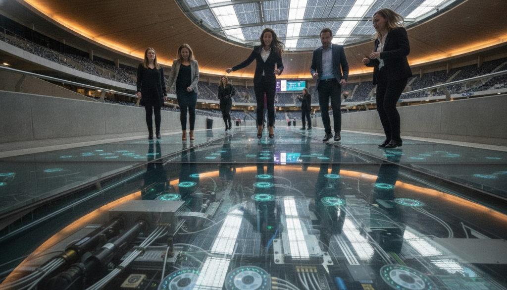 An intricate view of a stadium kinetic energy crowd harvesting system beneath the concourse flooring of Molineux. In the foreground, a transparent section of the flooring reveals advanced energy-harvesting technology, incorporating visible sensors and kinetic tiles that respond to crowd movement. The middle ground features groups of diverse, professionally dressed individuals interacting with the system, showcasing excitement and engagement. The background presents the stadium's interior architecture, with subtle solar panels integrated into the design, allowing ambient light to filter through. The scene is illuminated with warm, inspiring lighting, creating a dynamic atmosphere that reflects innovation and sustainability. The image is captured at a low angle, emphasizing the depth and complexity of the harvesting system, while remaining focused on the energy-filled interaction of the crowd above.