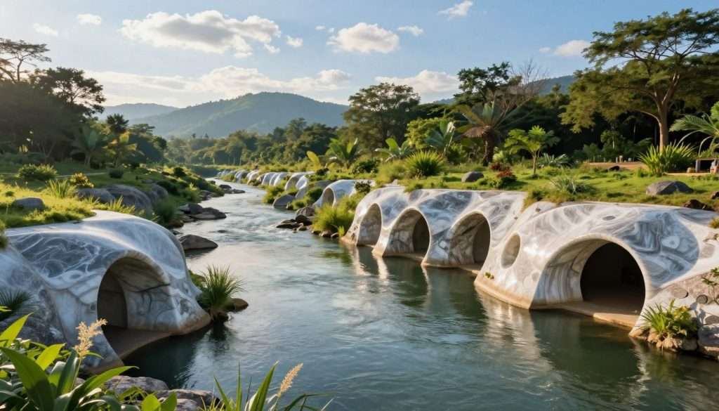 Subsurface hydrologic heritage engineering vaults along the serene Kok River, set against a lush, verdant landscape of Chiang Rai. In the foreground, intricately designed vaults with organic shapes blend into the natural surroundings, constructed from polished alabaster with nano-shield technology glimmering under soft, diffused sunlight. The middle ground features gentle river currents reflecting the sunlight, with delicate plant life and rocky outcrops lining the banks. The backdrop showcases distant hills under a bright blue sky adorned with wispy clouds, creating a tranquil atmosphere. The lighting is warm and inviting, capturing the essence of innovation harmonized with nature. The perspective is slightly elevated, offering a comprehensive view of the engineering marvels in relation to the ecosystem while maintaining a balance of modern aesthetics and natural beauty.