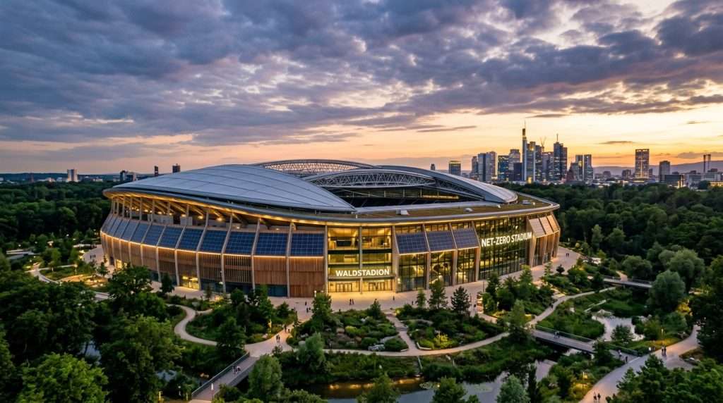 A breathtaking view of the Waldstadion, reimagined as a net-zero stadium with a sleek, modern retractable roof. In the foreground, lush greenery integrates seamlessly with the architecture, showcasing a blend of nature and technology. The middle ground features the stadium's striking facade, constructed with eco-friendly materials that shimmer under an ethereal twilight glow, emphasizing sustainability. The background reveals the skyline of Frankfurt, subtly illuminated with warm hues as the sun sets. Soft, natural lighting casts gentle shadows, creating a serene and inspiring atmosphere. Capture this scene from a slightly elevated angle, giving a panoramic view of the stadium's innovative design, with dramatic clouds accentuating the structure’s dynamic lines. The overall mood is one of hope and rejuvenation, symbolizing the harmony between urban development and environmental stewardship. A breathtaking view of the Waldstadion, reimagined as a net-zero stadium with a sleek, modern retractable roof. In the foreground, lush greenery integrates seamlessly with the architecture, showcasing a blend of nature and technology. The middle ground features the stadium's striking facade, constructed with eco-friendly materials that shimmer under an ethereal twilight glow, emphasizing sustainability. The background reveals the skyline of Frankfurt, subtly illuminated with warm hues as the sun sets. Soft, natural lighting casts gentle shadows, creating a serene and inspiring atmosphere. Capture this scene from a slightly elevated angle, giving a panoramic view of the stadium's innovative design, with dramatic clouds accentuating the structure’s dynamic lines. The overall mood is one of hope and rejuvenation, symbolizing the harmony between urban development and environmental stewardship.