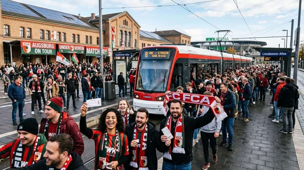 A bustling scene at Augsburg station on match day, with enthusiastic fans boarding tram 8, dressed in team colors and modest casual clothing. In the foreground, close-up of diverse fans showing excitement, holding scarves and tickets. The middle ground features tram 8, a modern vehicle with sleek design, with more fans lining up. In the background, the station is adorned with banners and the distant silhouette of the WWK Arena, blending traditional architecture with green, eco-friendly elements hinting at solar integration. Natural light bathes the scene, creating a vibrant atmosphere that captures the excitement of match day, with a focus on community and sustainability. The angle should be a slightly elevated perspective, showcasing both the fans and the tram in action. A bustling scene at Augsburg station on match day, with enthusiastic fans boarding tram 8, dressed in team colors and modest casual clothing. In the foreground, close-up of diverse fans showing excitement, holding scarves and tickets. The middle ground features tram 8, a modern vehicle with sleek design, with more fans lining up. In the background, the station is adorned with banners and the distant silhouette of the WWK Arena, blending traditional architecture with green, eco-friendly elements hinting at solar integration. Natural light bathes the scene, creating a vibrant atmosphere that captures the excitement of match day, with a focus on community and sustainability. The angle should be a slightly elevated perspective, showcasing both the fans and the tram in action.